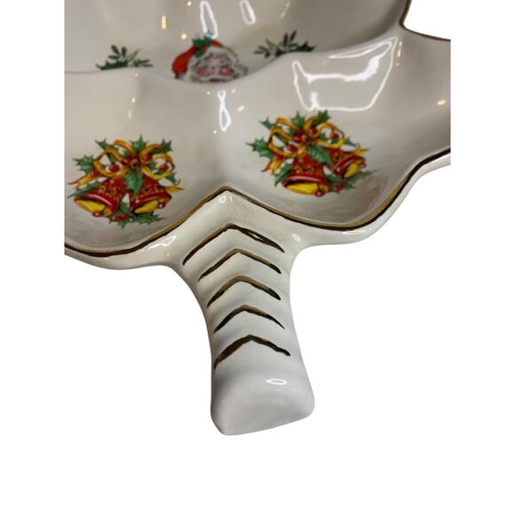 Vintage MCM Holiday Christmas Candy Nut Dish Santa Gold Trim 14 Inch - Picture 4 of 9